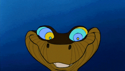 Animation of Kaa, the snake from the Jungle Book. Kaa's eyes are spiraling different colors, attempting to hypnotize the viewer.